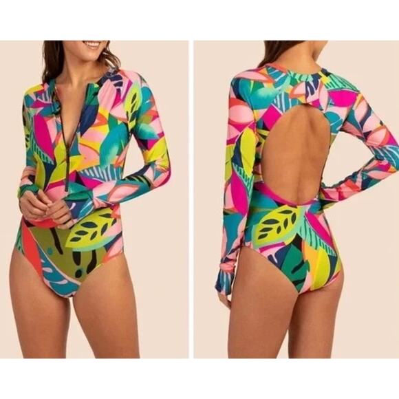 Trina Turk Rainforest Open Back Paddlesuit Long Sleeve One-Piece Swimsuit - Picture 1 of 8